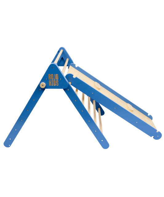 Pikler Triangle with Slide & Climb Board - Blue