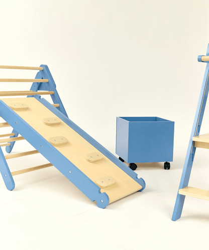 Pikler Triangle with Slide & Climb Board - Blue
