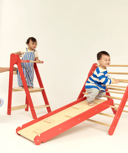 Pikler Triangle with Slide & Climb Board - Red